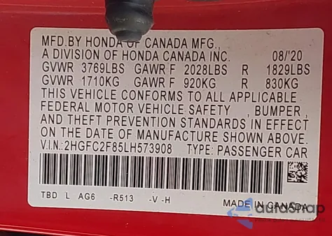 2020 Honda Civic Sport из США, поврежденный, VIN 2HGFC2F85LH573908